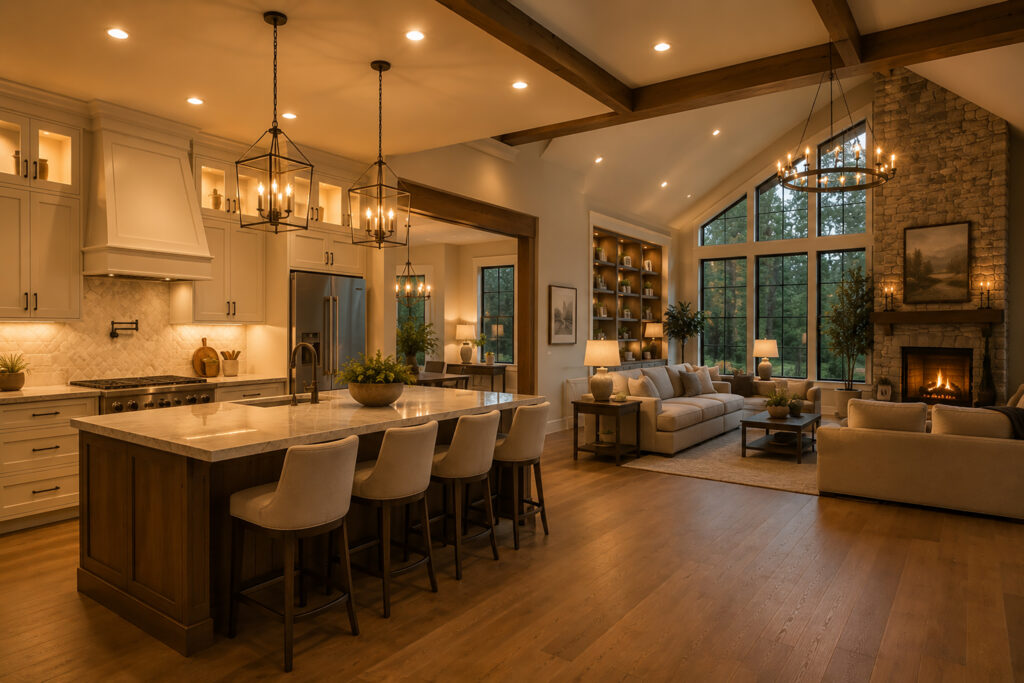Spacious open-concept kitchen and living room with warm ambient lighting, vaulted ceilings, a large island, cozy seating area, and soft glowing fireplace.