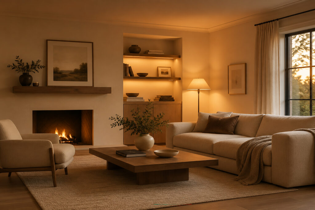 Warm, cozy living room with soft ambient lighting, neutral furniture, a glowing fireplace, and minimalist modern decor.