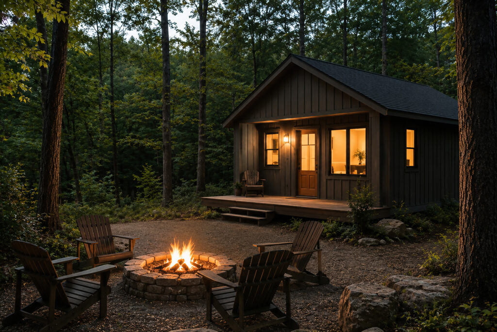 Cozy woodland retreat cabin at dusk with warm interior lighting and a simple backyard fire pit surrounded by Adirondack chairs in a peaceful forest setting.